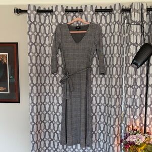 MSK Gray Plaid Long Sleeve Wrap Midi Dress